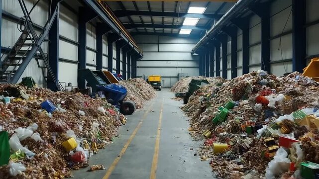 A large waste management facility filled with heaps of garbage. Dump trucks are parked along the sides. The interior is industrial with high ceilings and metal beams.