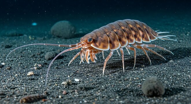 A brown, multi-legged isopod with long antennae slowly traverses the dark, textured sandy seabed in the deep ocean.