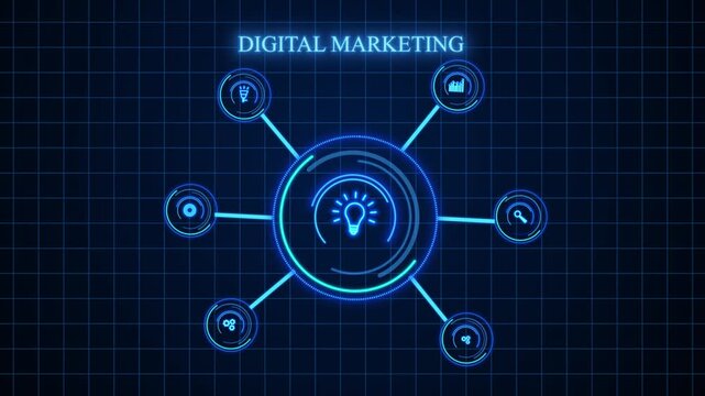 Advanced Digital Marketing Concept Animation Showing A Glowing Blue Lightbulb As The Central Idea Hub Connected To Diverse Icons For Search Engine Optimization, Data Analytics, Sales Funnels, And