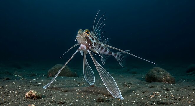 A unique long-finned dragonfish stands gracefully on its elongated pectoral fins on the sandy ocean floor.