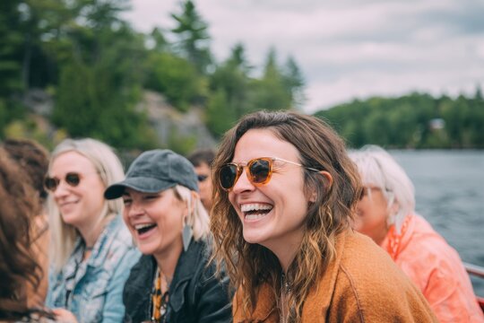Group of people on a boat laugh and enjoy a sunny day by a lake.