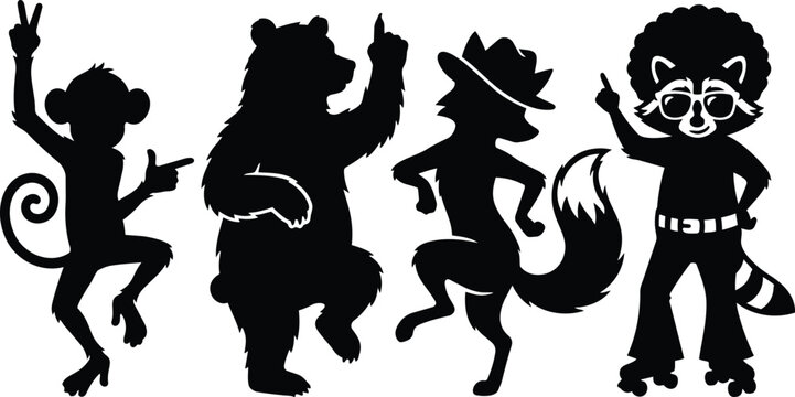 Retro disco silhouettes monkey bear fox and raccoon with afro glasses and roller skates