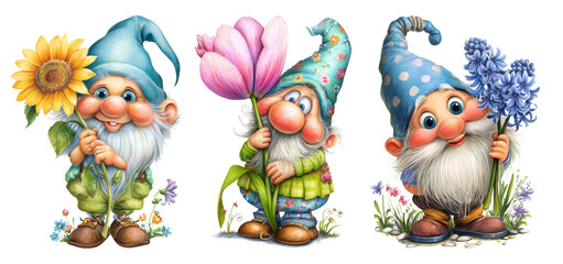 Obraz premium Cute garden gnomes with flowers, illustration set isolated, ai generated image