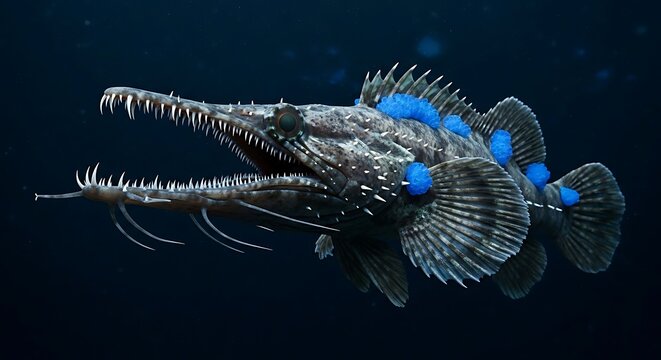 A formidable deep-sea viperfish-like creature with elongated teeth and glowing blue accents hunts in darkness.