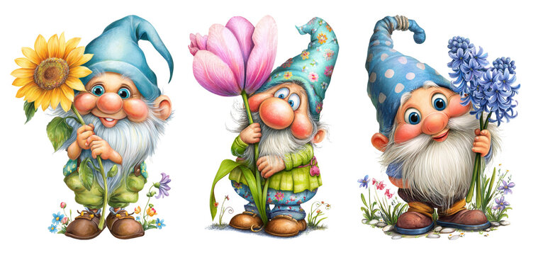 Cute garden gnomes with flowers, illustration set isolated, ai generated image