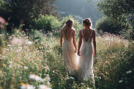 Two women in lace wedding dresses walk through a sunlit meadow of wildflowers.