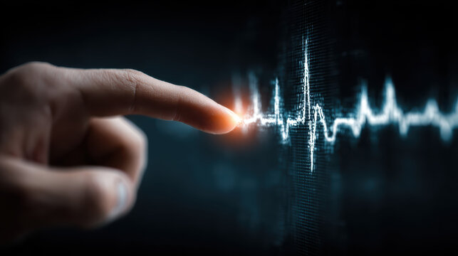 Dynamic financial analysis hand interacting with glowing pulse line in business budget planning environment