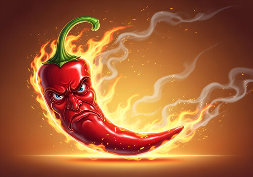 A cartoon red chili pepper with a face surrounded by flames and smoke on a gradient orange background