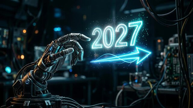 Robotic hand touching glowing 2027 hologram. Futuristic technology activating New Year data. Cybernetic interface progression in digital research server room setup.