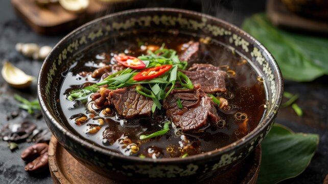 Traditional Indonesian Rawon soup.
This famous national dish belongs to the Indonesian cuisine.