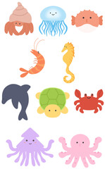 Obraz premium Collection of cute cartoon sea creature characters with happy faces isolated on transparent background