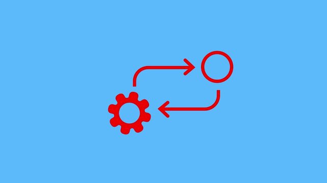 Process icon in flat style isolated on blue. Process symbol in red for your web site design on blue background