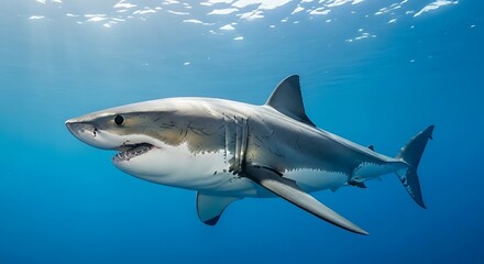 Naklejka premium A powerful great white shark swims with its mouth slightly open in the clear deep blue ocean water.