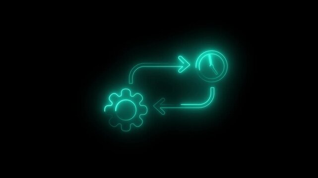 Settings icon and clock icon, and moving arrow rotted on the black background.