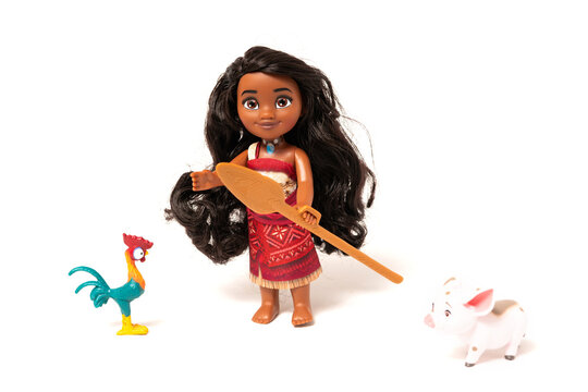 Detailed Disney Princess Moana doll from Moana 2 with paddle necklace and tropical costume isolated