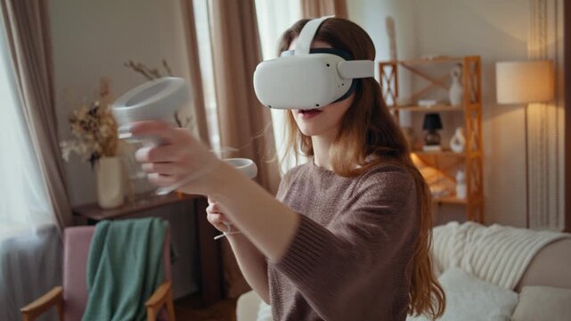 Energetic woman grips VR controllers reacting to game at home