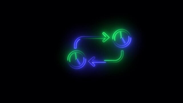 Settings icon and clock icon, and moving arrow rotted on the black background.