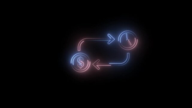 Settings icon and clock icon, and moving arrow rotted on the black background.