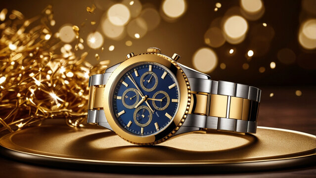Luxury watch in gold and silver tones with blue face in elegant warm lighting on golden plate for advertising