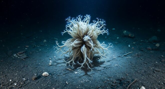 An intricate crinoid, resembling a delicate plant, sits on the dark sandy seabed in the mysterious deep ocean.