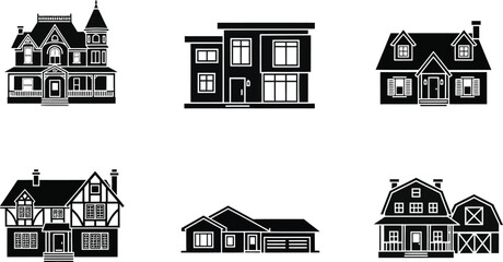 Fototapeta premium Collection of Six Diverse Silhouette Style Houses and Architectural Designs on Transparent Background