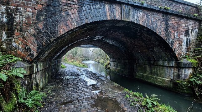 Brick arch bridge spanning canal over cobbled towpath