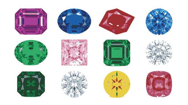 Flat design gemstone icons set with different cuts and colors