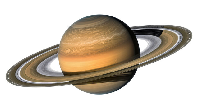 Ringed planet Saturn with its layered rings, isolated on transparent background for cosmos