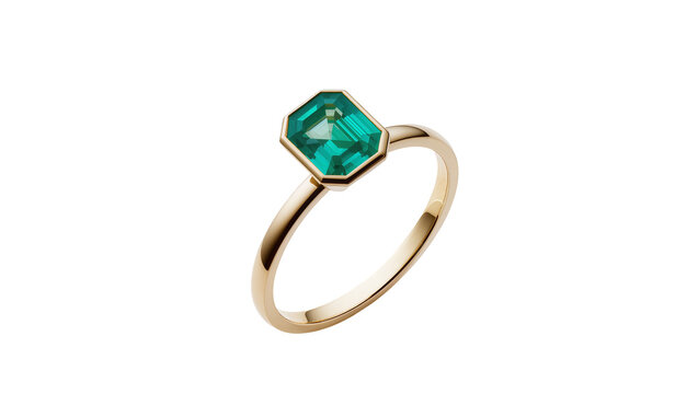 Golden ring with a vibrant octagonal emerald gemstone, isolated on transparent background