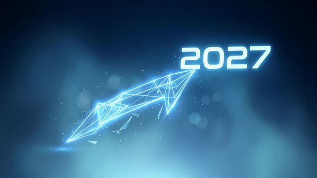 Glowing digital arrow pointing up with 2027 text symbolizing future growth. New Year business progress concept with abstract geometric lines for economic success.
