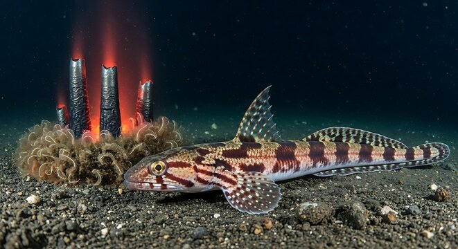 A camouflaged lizardfish rests on the dark sandy seabed next to deep-sea vents with glowing plumes.