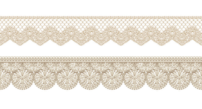 Cream crochet lace trim seamless pattern set with two decorative borders for wedding stationery, scrapbooking, and textile design on a transparent background

