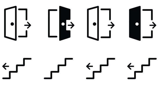 Entry and exit vector icon collection, open door symbols, staircase direction signs with up and down arrows, stairs up and down icons, clear minimal design