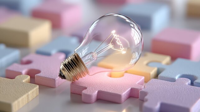 Light Bulb on Puzzle Pieces in Soft Pastel Colors Displaying Ideas