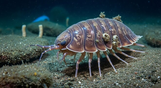 A giant isopod slowly crawls across the grainy seabed in the mysterious dark deep-sea environment.