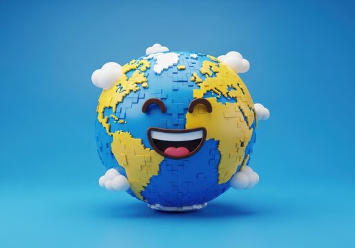 Smiling cartoon earth with puzzle pieces and clouds on blue background