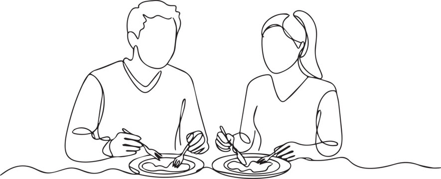 Minimalist Line Art Couple Eating Together &ndash; Relationship, Lifestyle, Dining and Everyday Life Concept