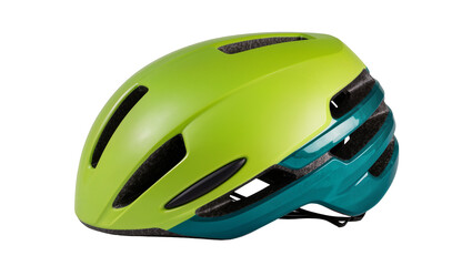 Fototapeta premium Lime green and teal bicycle helmet, isolated on transparent background
