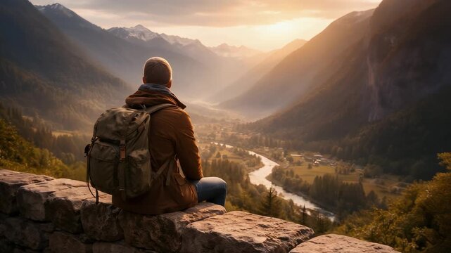 Young man with a backpack sits on a stone wall at sunrise, gazing over a vast mountain valley, soaking in the peaceful, scenic view during a solo hiking adventure
