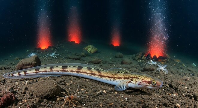 A unique dragonet fish rests on the dark seabed surrounded by glowing red hydrothermal vents.