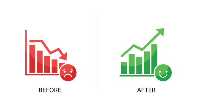 A visual comparison of declining and improving trends depicted with charts and faces utilizing silhouette high quality professional detailed modern elegant