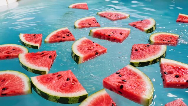 Bright red watermelon slices float on vivid blue water, creating a refreshing, vibrant summer scene with playful contrast and a cool, relaxing atmosphere.