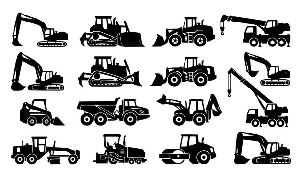 Heavy Equipment Silhouette Collection with Excavators Bulldozers Loaders and Cranes Minimal Vector Set