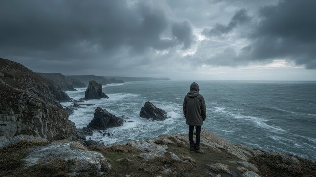 A solitary figure, cloaked in a hooded jacket, gazes out at a tumultuous ocean beneath a brooding sky along a rocky coastline