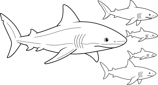 School of sharks swimming together in the ocean depths Vector