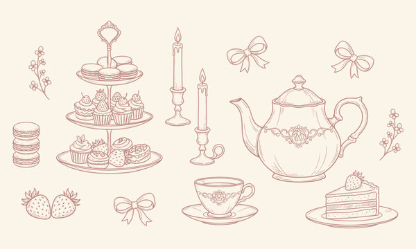 Tea party dessert set outline sketch vector illustration. Vintage tea party set with teapot cupcakes cake stand and elegant candles for invitations and scrapbook design hand-drawn