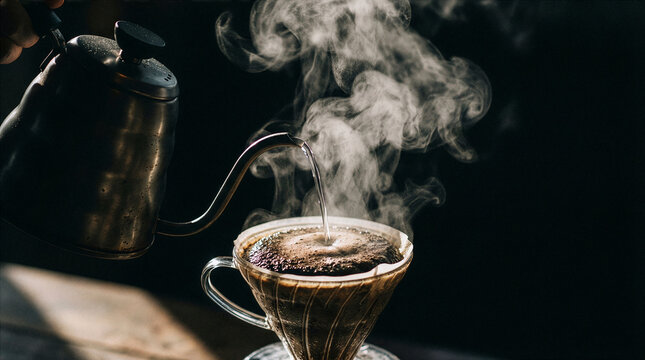 Hand pouring hot water for pour-over coffee brewing with steam