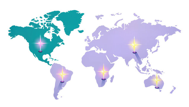 Teal and purple world map with five glowing star location pins, isolated on transparent background for global connections