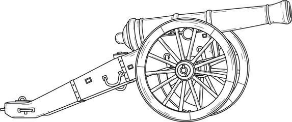 Fototapeta premium Historical depiction of an old fashioned cannon on wheels with detailed carriage Vector