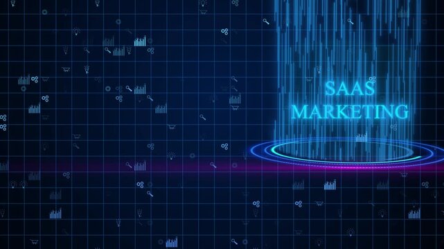 Futuristic Saas Marketing Digital Landscape Featuring Glowing Blue Neon Text Atop A Holographic Circular Platform. Dark Blue Grid Background With Vertical Light Beams And Floating Business Icons